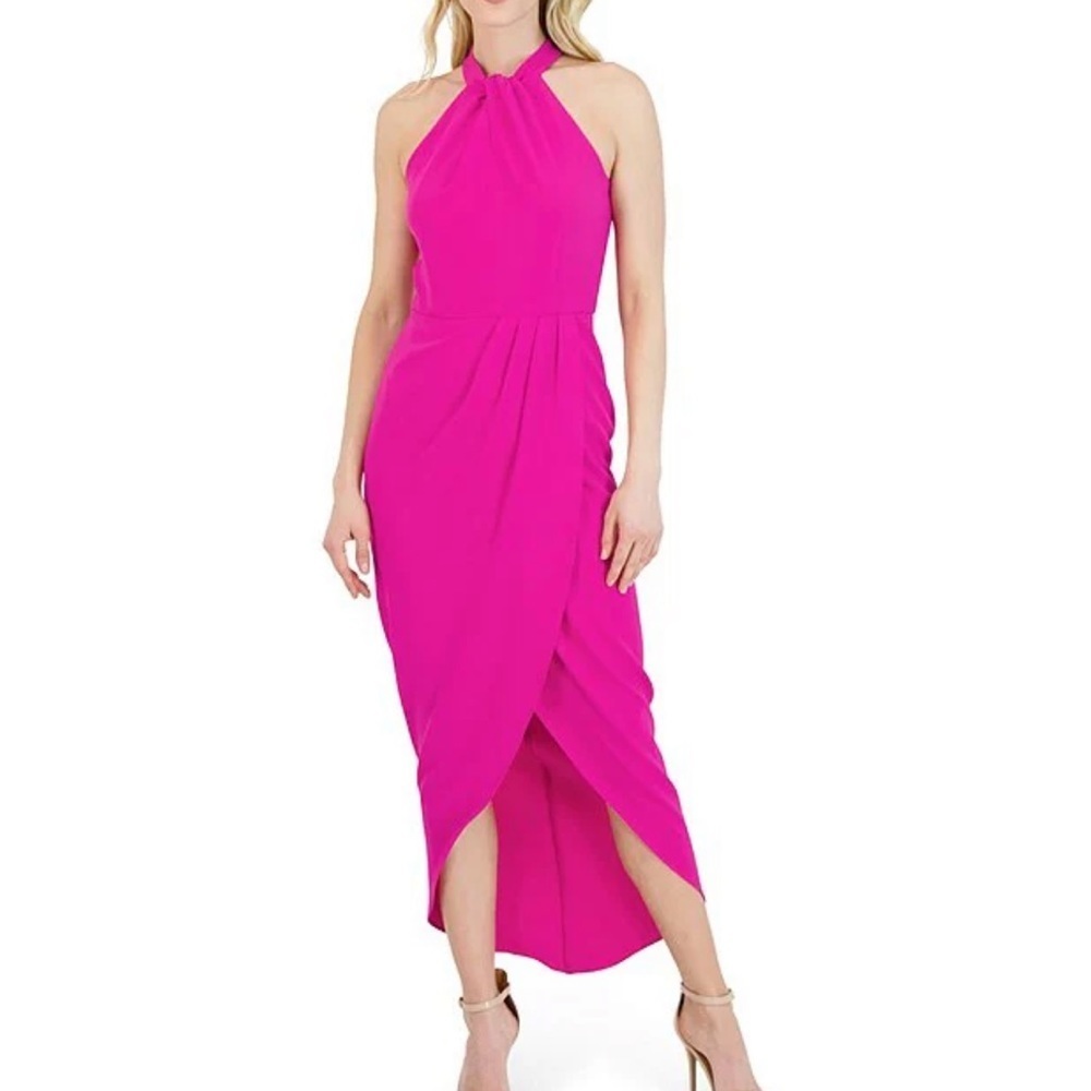 Julia Jordan Knot Halter Neck Sleeveless Faux Wrap Tulip Hem Midi Dress  size 10